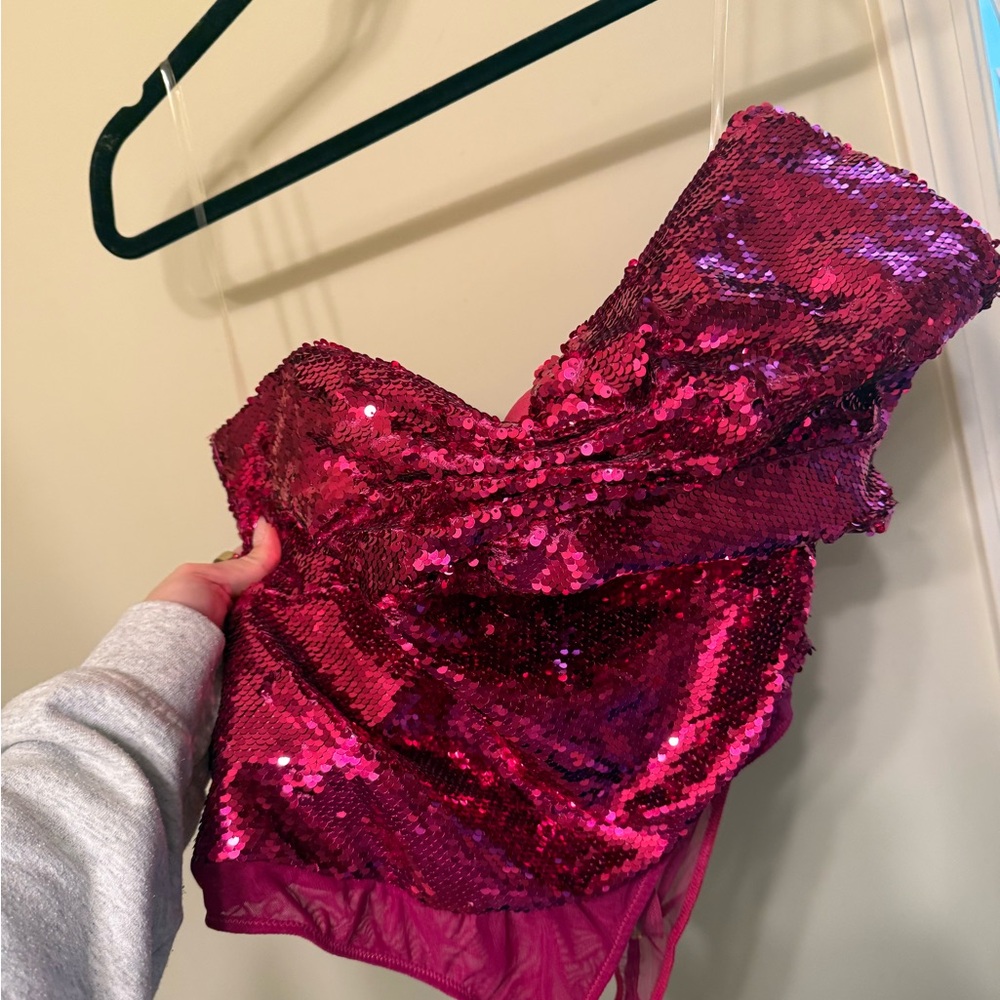 House of CB Fuchsia Sequin One-Shoulder Bodysuit